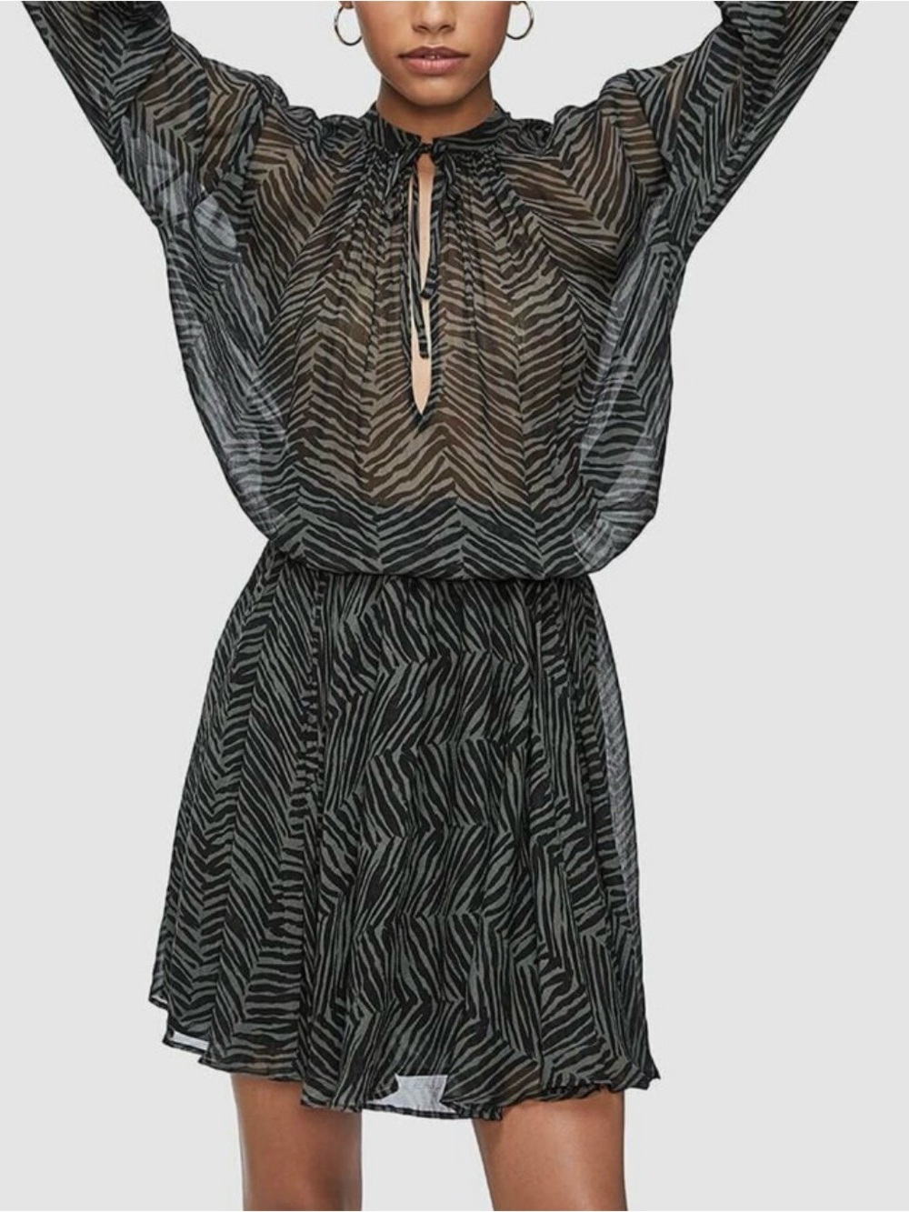 ANINE BING Elliana Silk Chiffon, Sheer Dress In Willow Green Zebra – (M) Medium